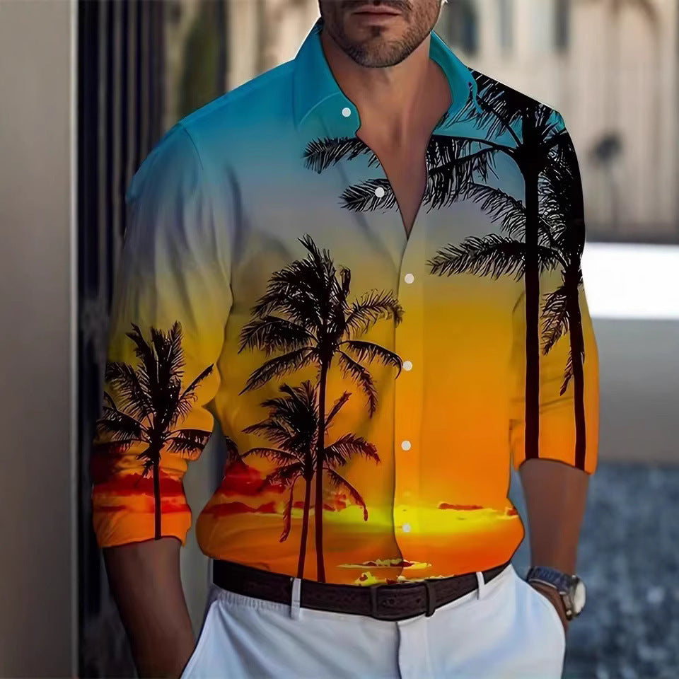 Men’s Long Sleeve Shirt Palm Tree And Striped Printed Shirt Everyday Fashion Men’s Casual Shirt