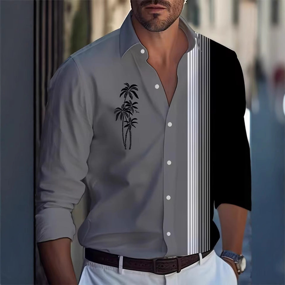 Men’s Long Sleeve Shirt Palm Tree And Striped Printed Shirt Everyday Fashion Men’s Casual Shirt