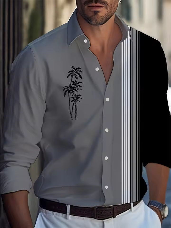 Men’s Long Sleeve Shirt Palm Tree And Striped Printed Shirt Everyday Fashion Men’s Casual Shirt - 70000EU / XS