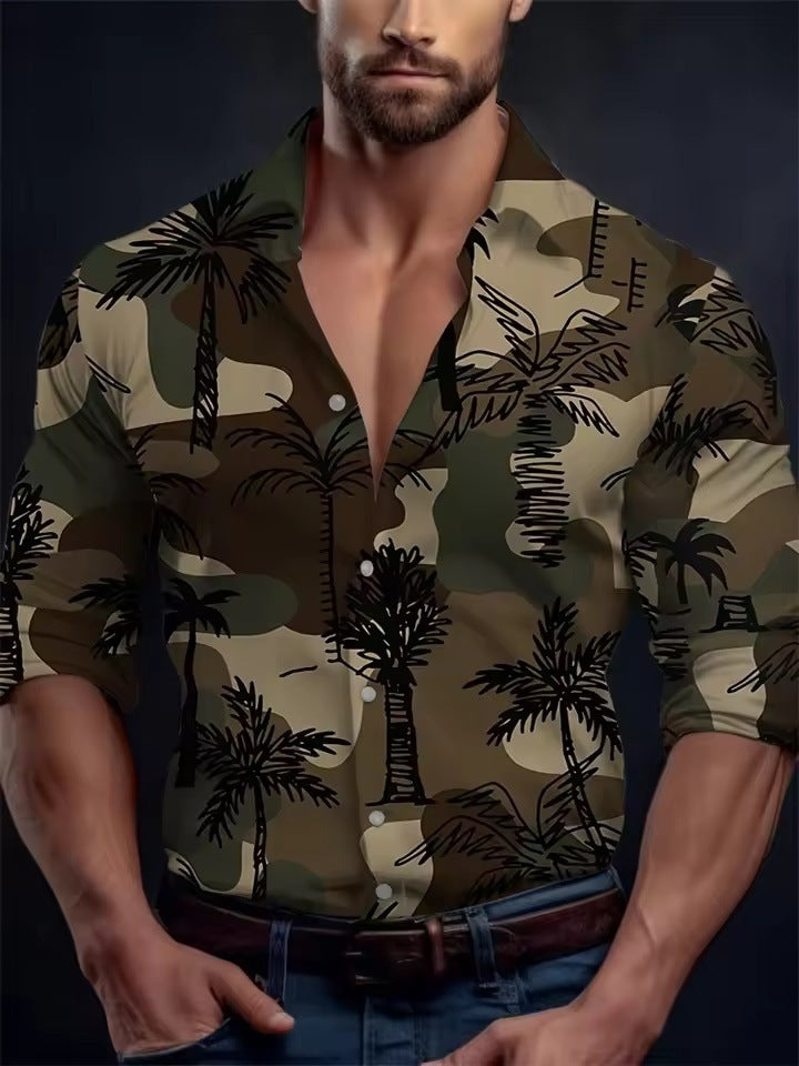 Men’s Long Sleeve Shirt Palm Tree And Striped Printed Shirt Everyday Fashion Men’s Casual Shirt - 70000EX / XS
