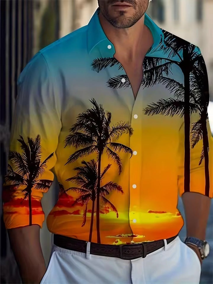 Men’s Long Sleeve Shirt Palm Tree And Striped Printed Shirt Everyday Fashion Men’s Casual Shirt - 70000F4 / XS