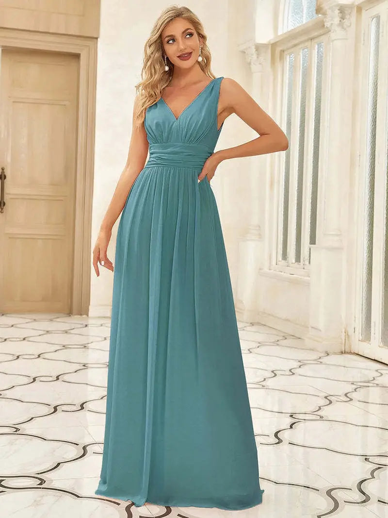 Deep V-neck Bridesmaid Plus Size High Waist Evening Dress