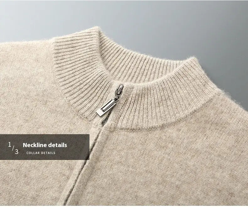 Wool Cardigan Men’s Stand Collar Zipper Knitted Sweater Coat Warm And Loose Cashmere Pants Men