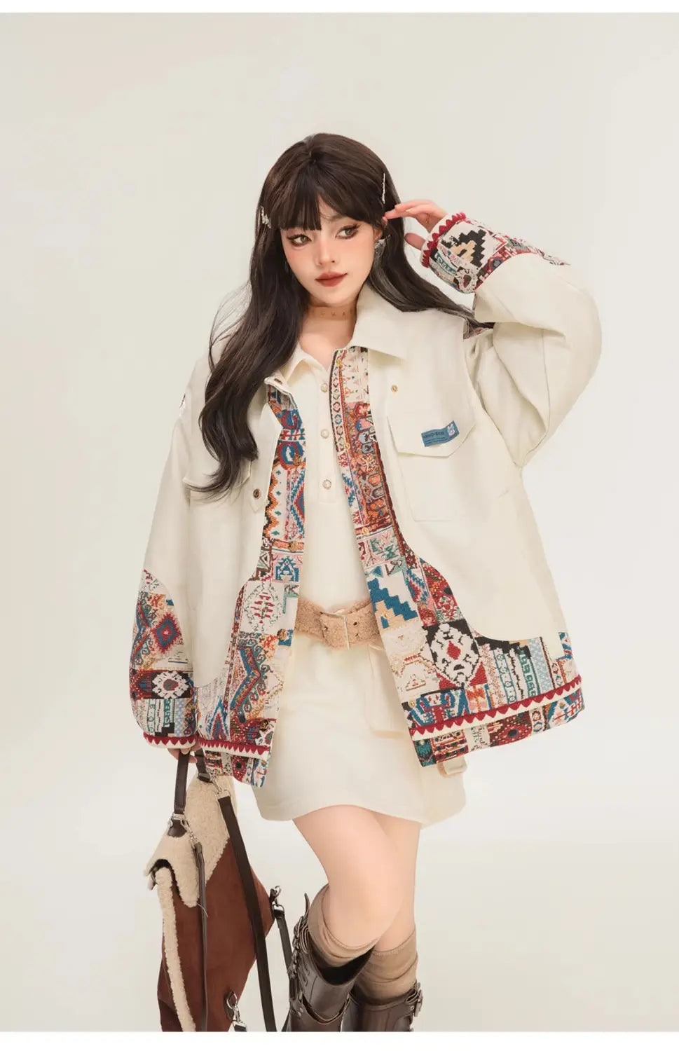 Jacquard Splicing Motorcycle PU Leather Jacket