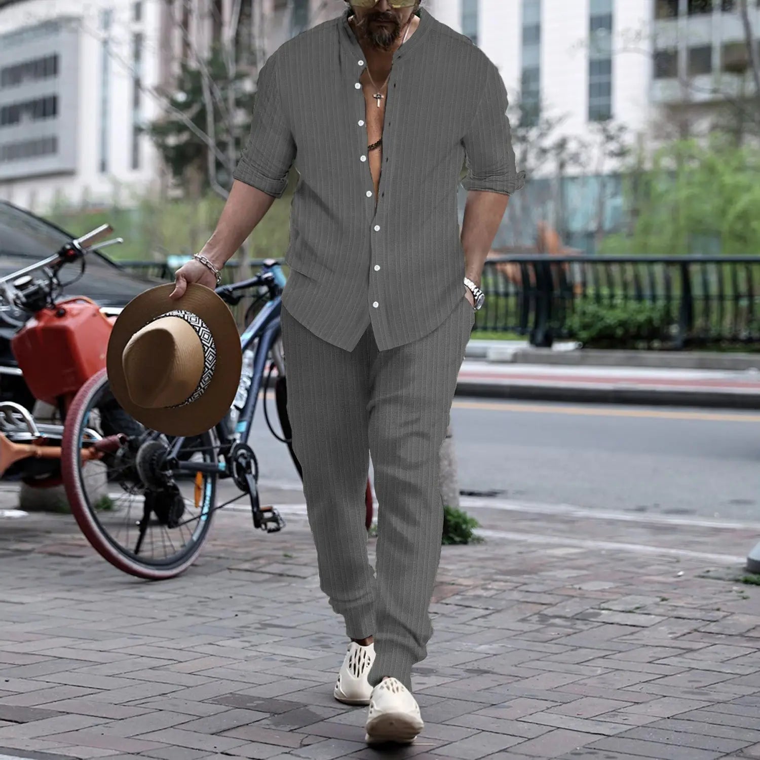 Men’s Striped Hengli Collar Shirt Trousers