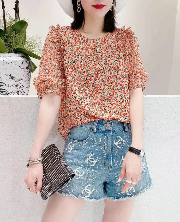 Summer New Pleated Loose Floral Blouse Top
