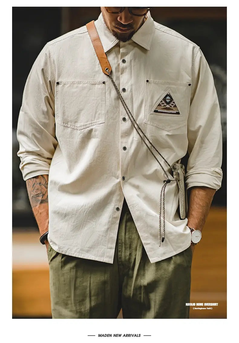Men’s Retro Indian Totem Creamy-white Long-sleeved Shirt