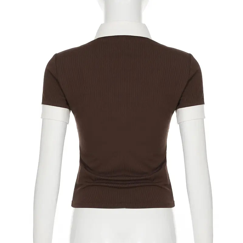 American Retro Polo Collar Stitching Fake Two Pieces Short Sleeve T-shirt For Women
