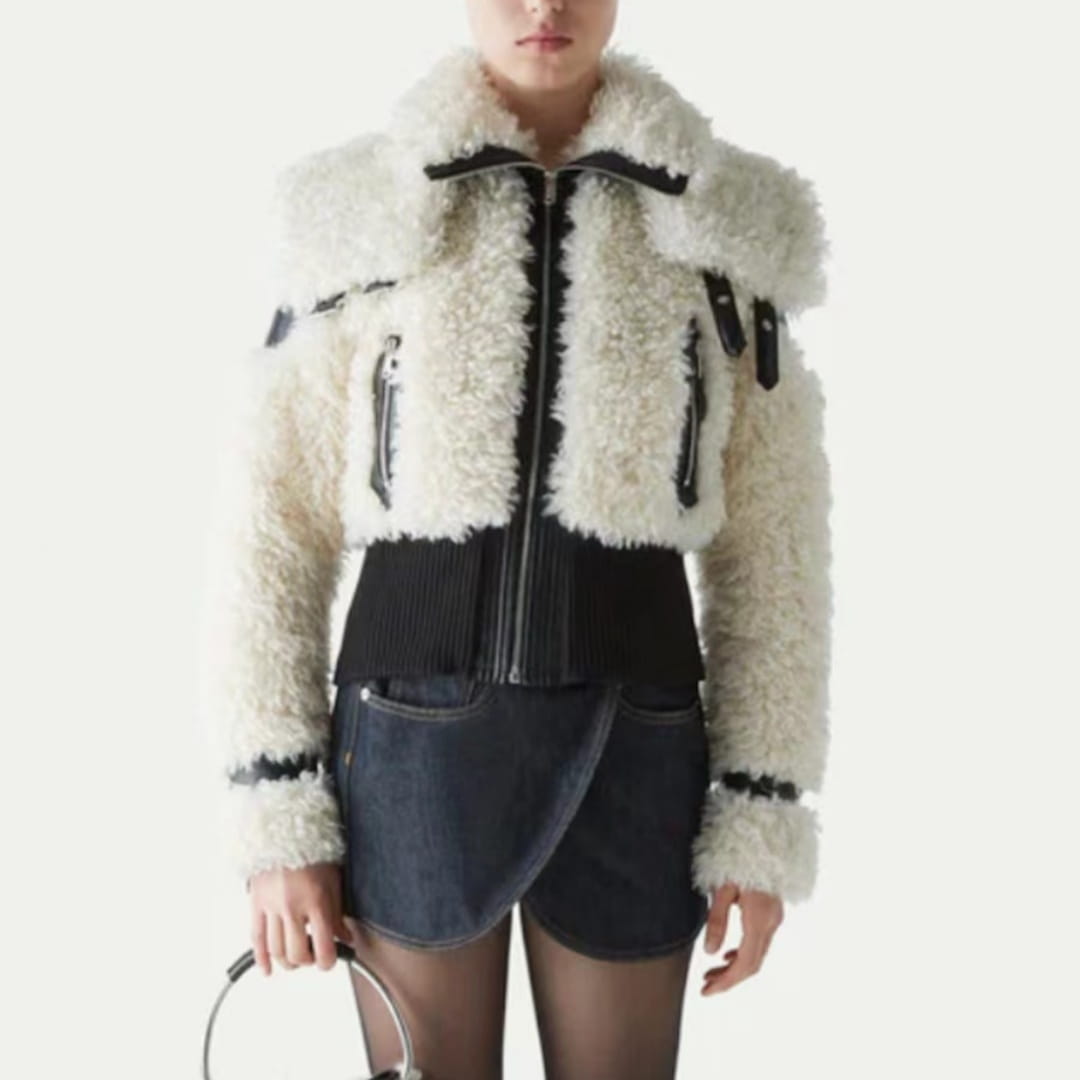 Women’s Lamb Wool Stitching PU Leather Zipper Jacket