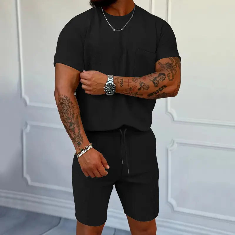 Waffle Round Neck Pocket Short-sleeved Shorts Casual Sports Suit