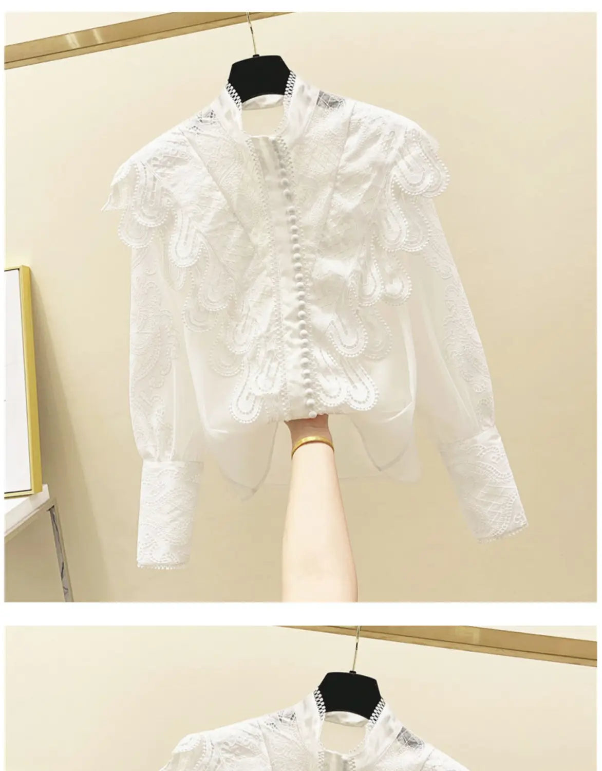 Women’s Embroidered Ruffle Stand Collar Lace Stitching White Shirt