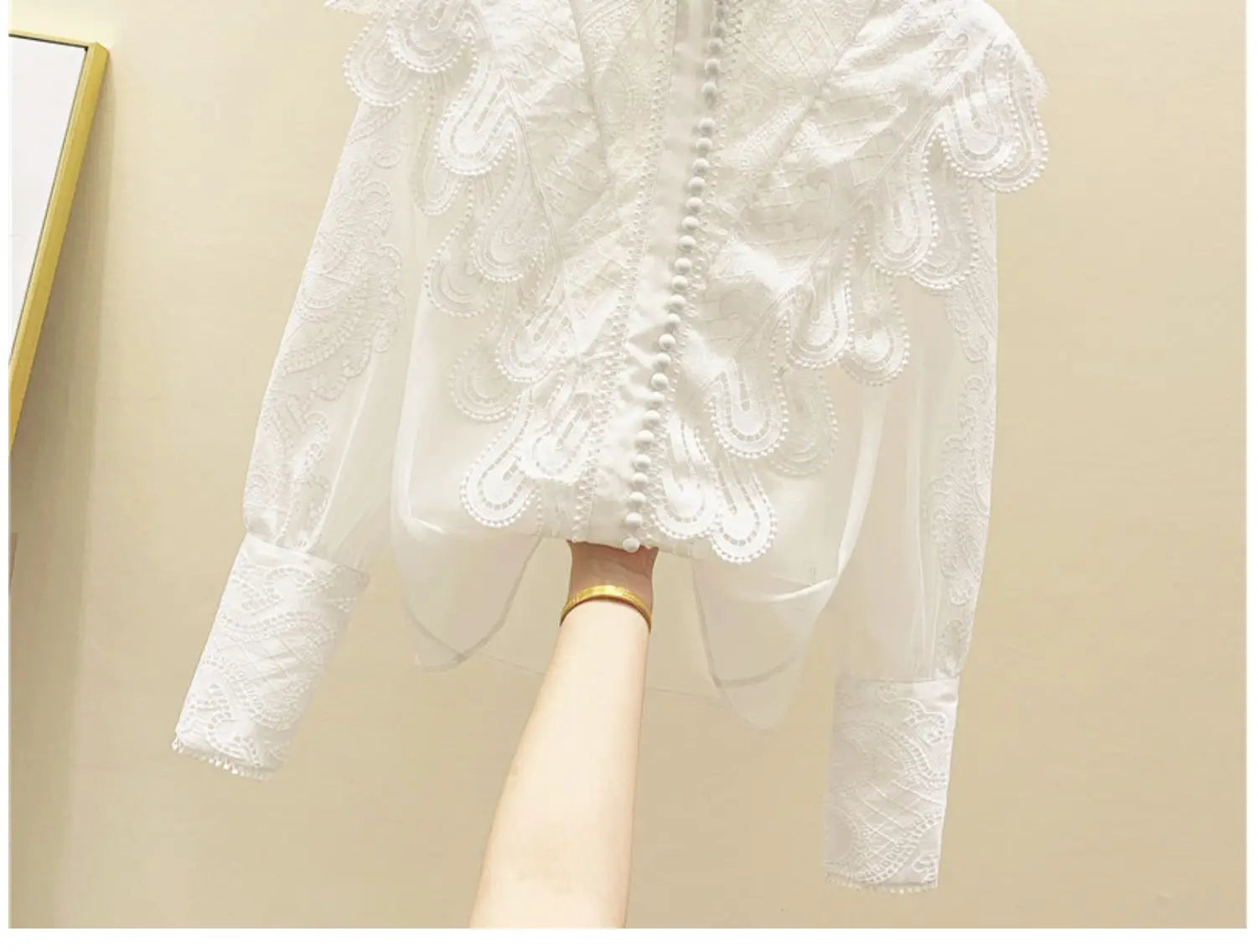 Women’s Embroidered Ruffle Stand Collar Lace Stitching White Shirt