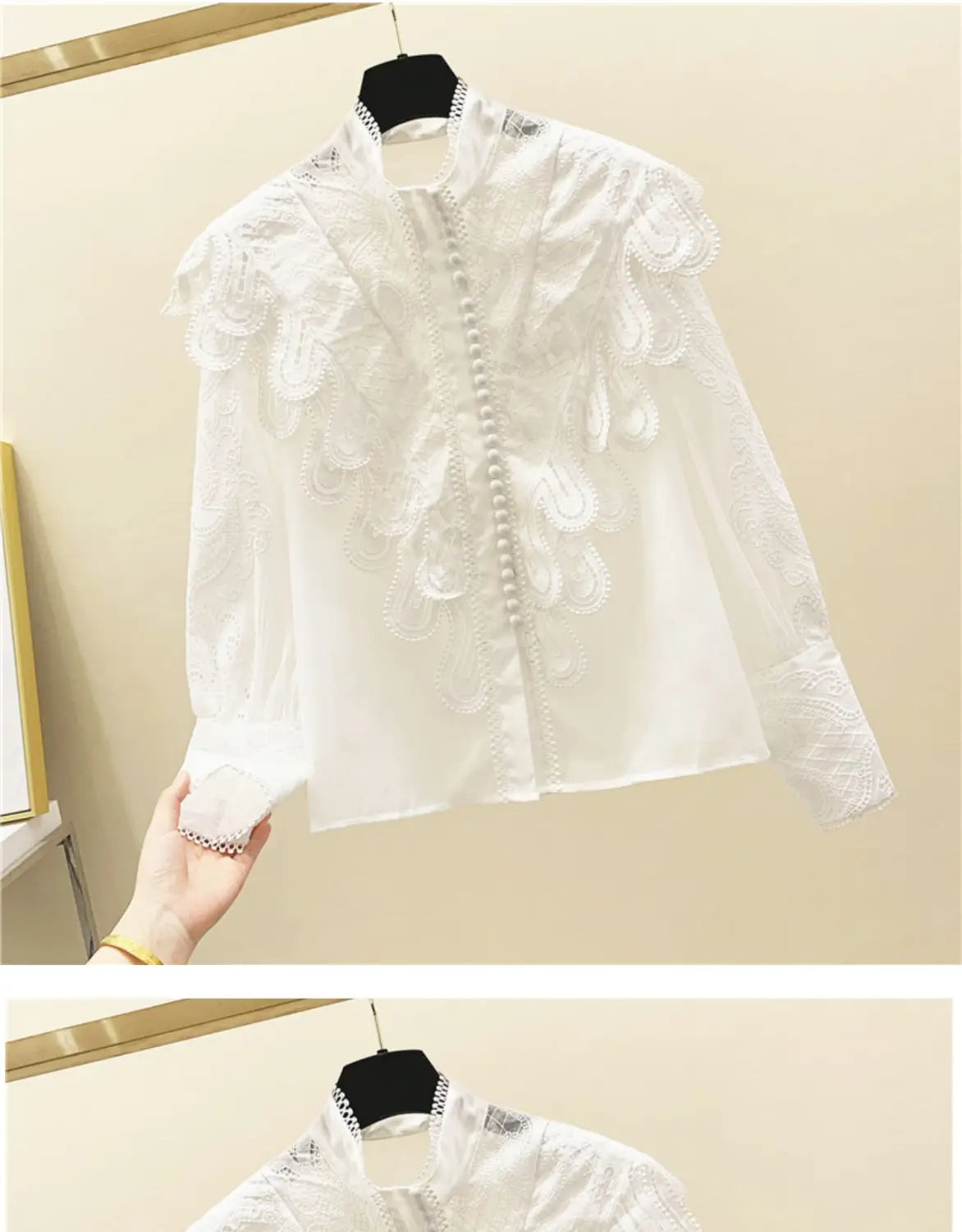 Women’s Embroidered Ruffle Stand Collar Lace Stitching White Shirt