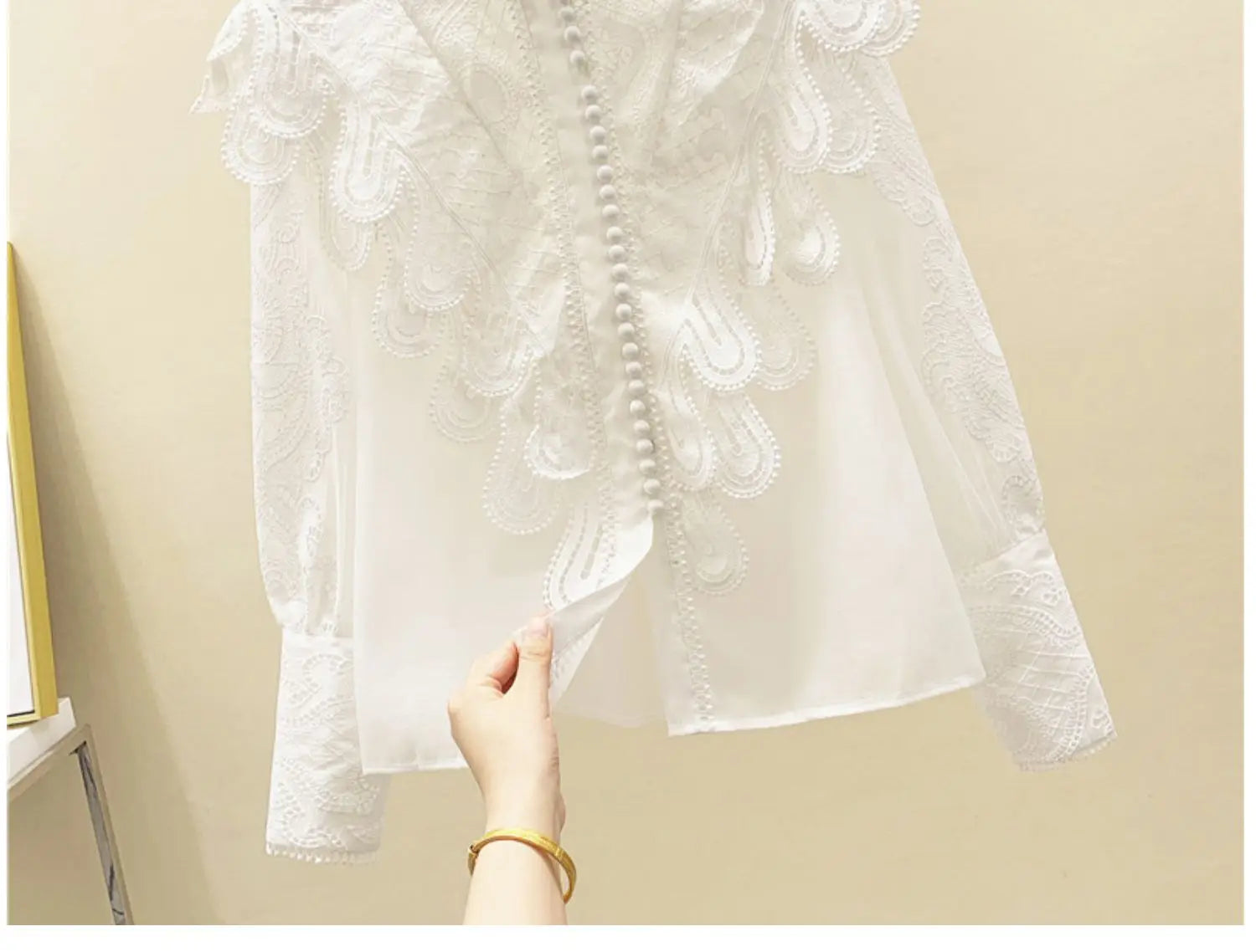 Women’s Embroidered Ruffle Stand Collar Lace Stitching White Shirt