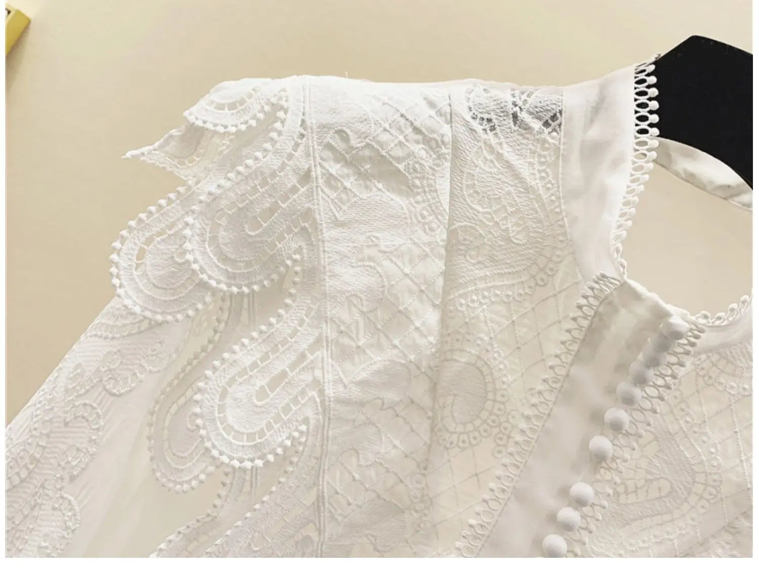 Women’s Embroidered Ruffle Stand Collar Lace Stitching White Shirt