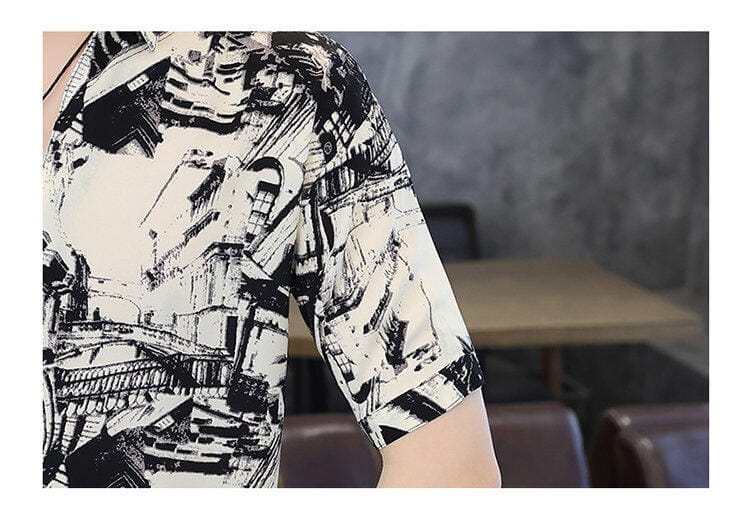 V-neck Stripe Trendy Loose Half Sleeve Shirt Loose