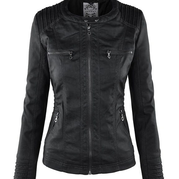 Women’s Detachable Lapel Long Sleeve Solid Color Zipper Leather Jacket Coat