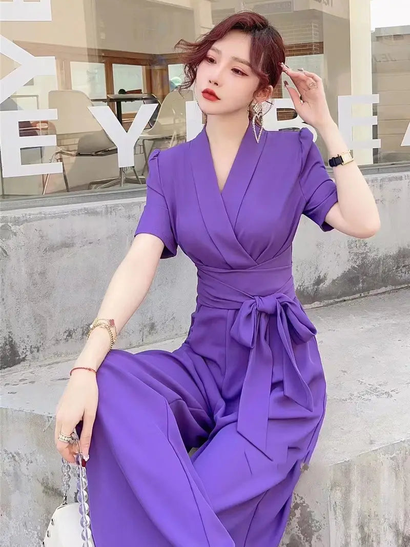 Elegant Temperament Pure Color High Waist Slimming Lace-up Wide Leg Jumpsuit