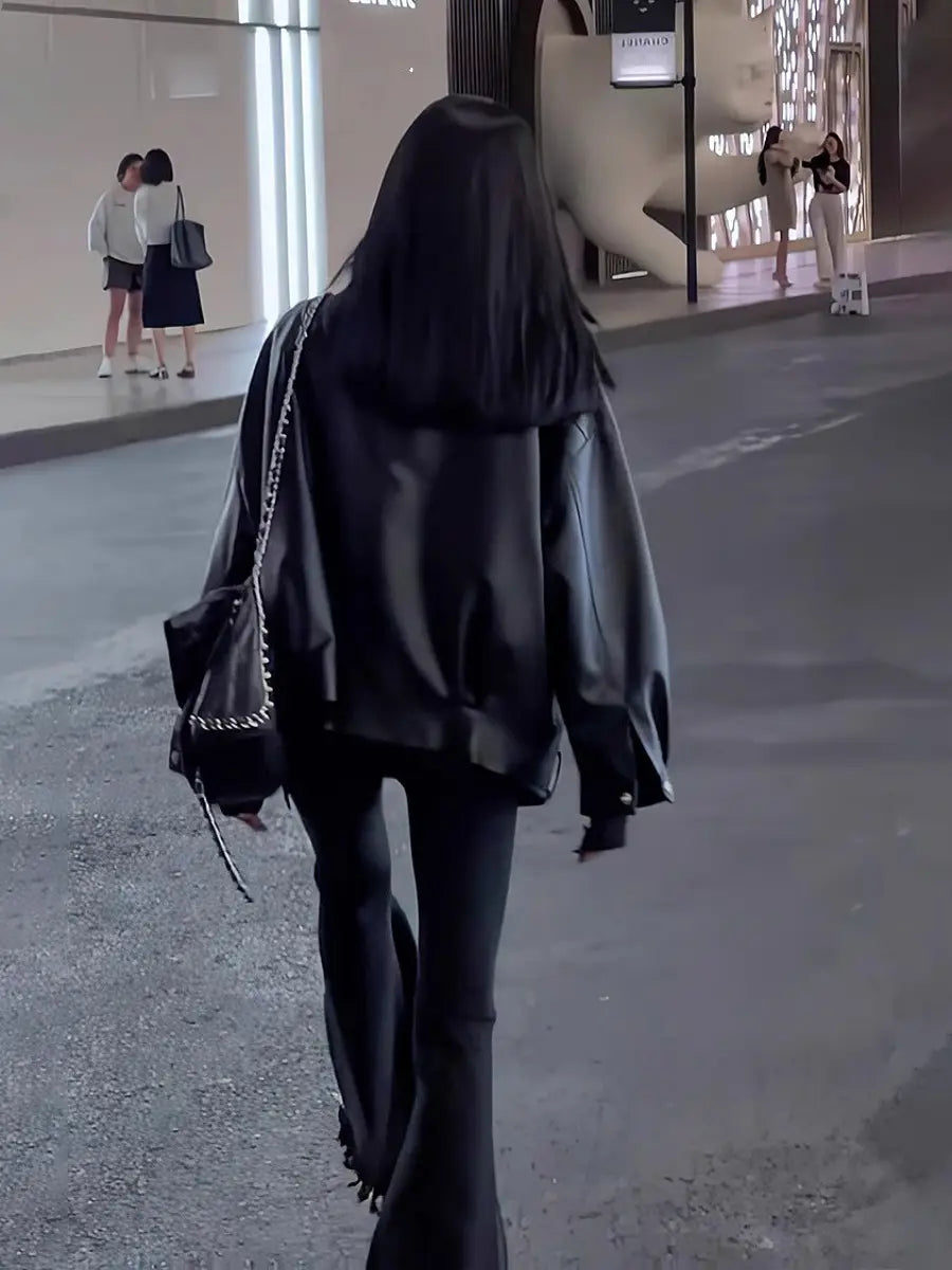 Casual Loose Small Plus Size Black Leather Coat