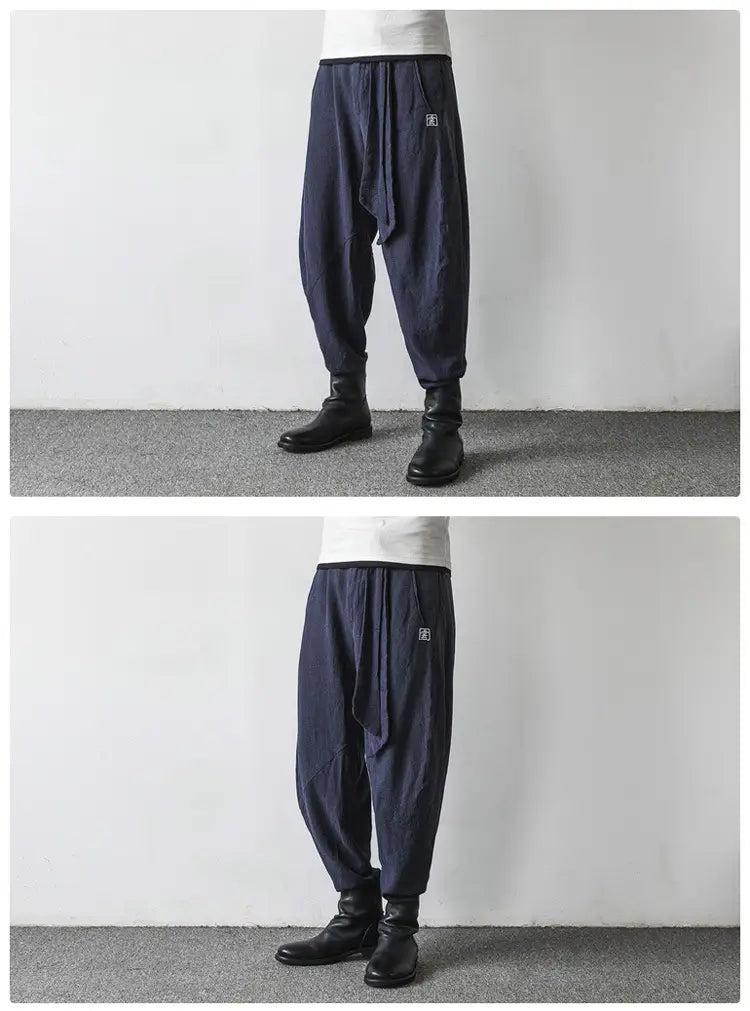 Cotton And Linen Harlan Embroidered Lantern Trousers For Men With Wide Legs