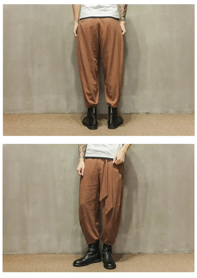 Cotton And Linen Harlan Embroidered Lantern Trousers For Men With Wide Legs