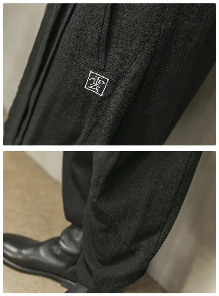 Cotton And Linen Harlan Embroidered Lantern Trousers For Men With Wide Legs