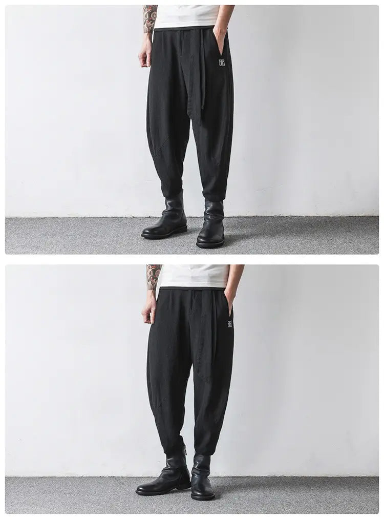 Cotton And Linen Harlan Embroidered Lantern Trousers For Men With Wide Legs