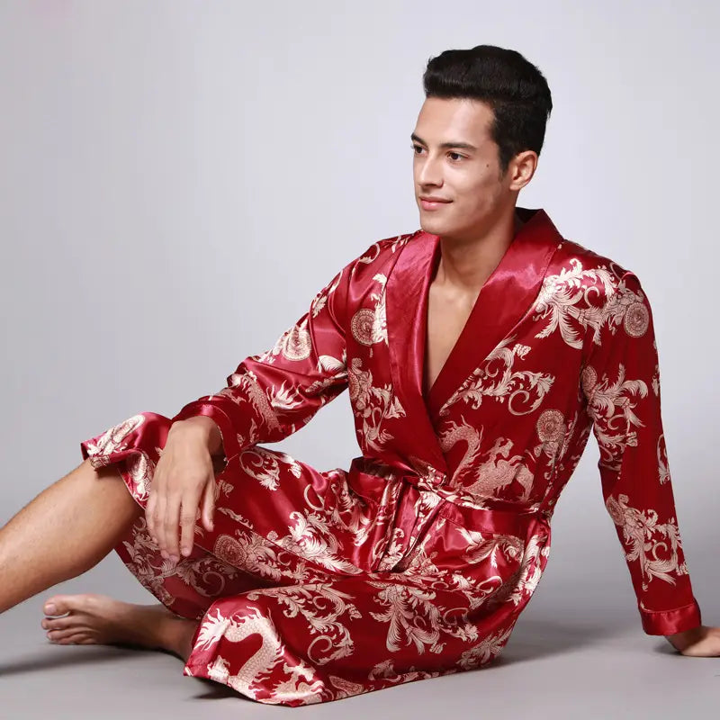 Long-Sleeved Nightgown Printed Dragon Pattern Long Bathrobe Imitation Silk Home Service