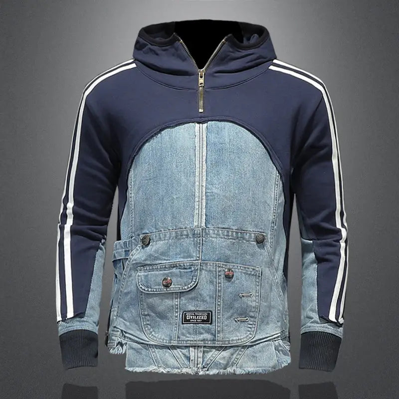 Sweater Personality High Street Trend Denim Stitching Sweater Multi-Pocket