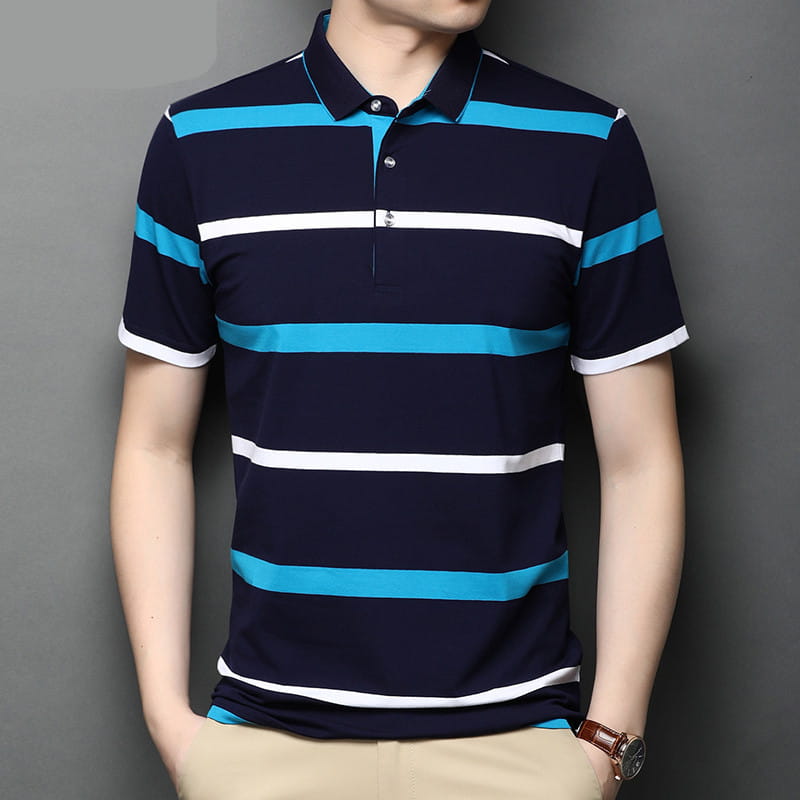 Men’s Lapel Summer Striped Half Sleeve Casual Men’s Mercerized Cotton Short Sleeve