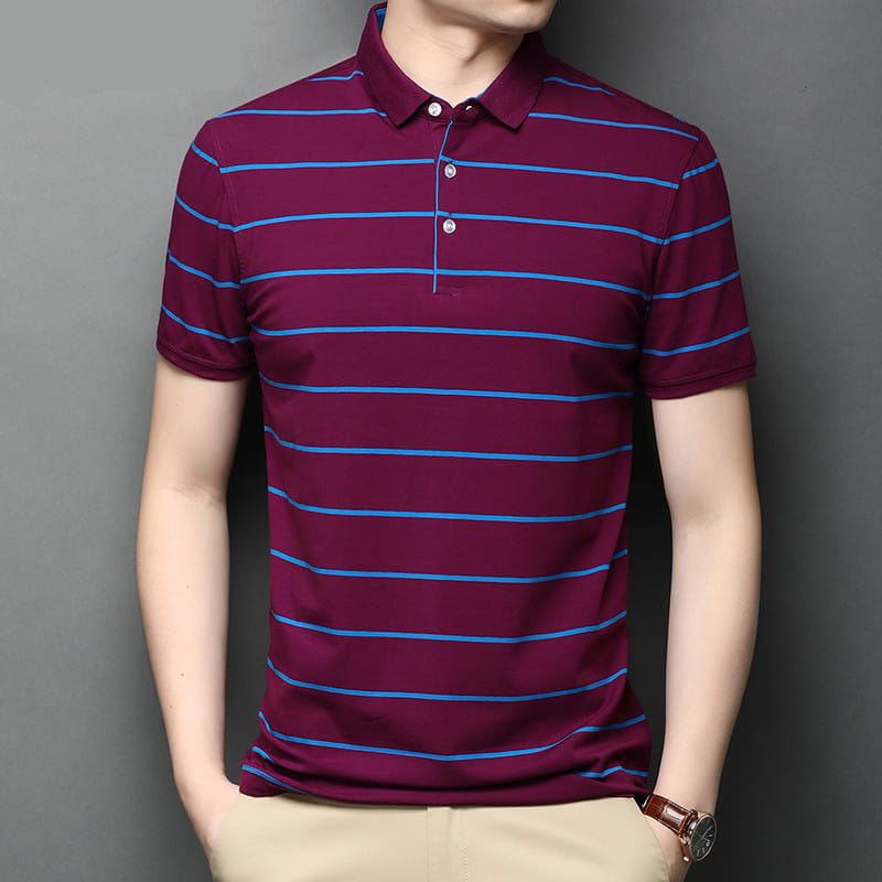 Men’s Lapel Summer Striped Half Sleeve Casual Men’s Mercerized Cotton Short Sleeve