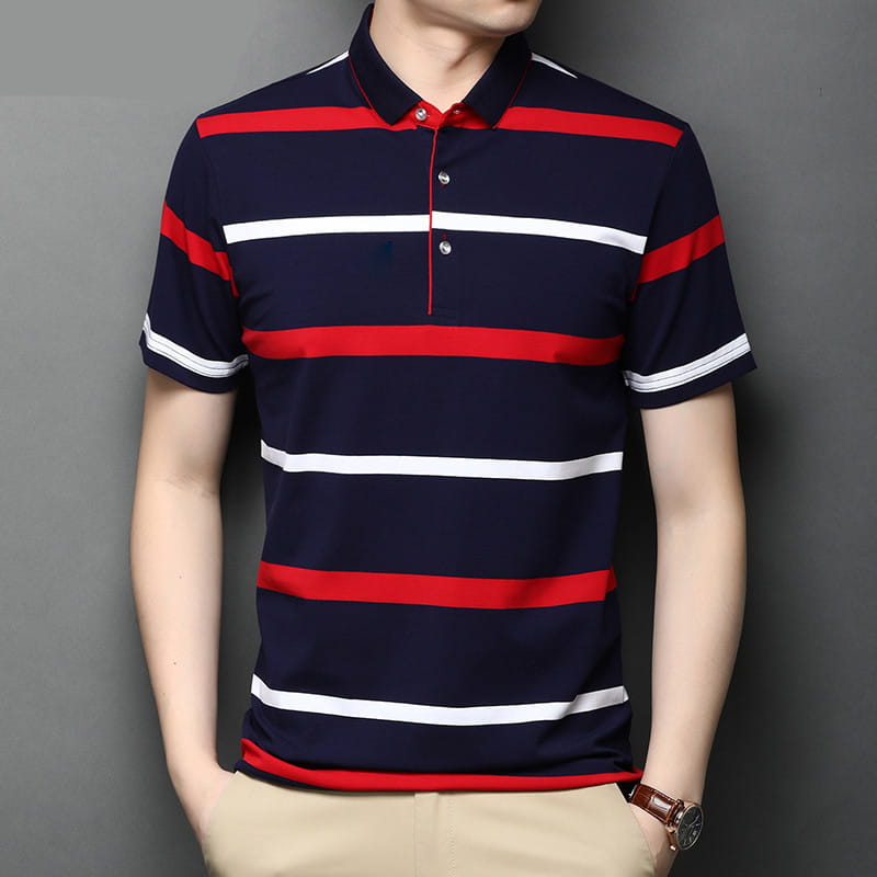 Men’s Lapel Summer Striped Half Sleeve Casual Men’s Mercerized Cotton Short Sleeve