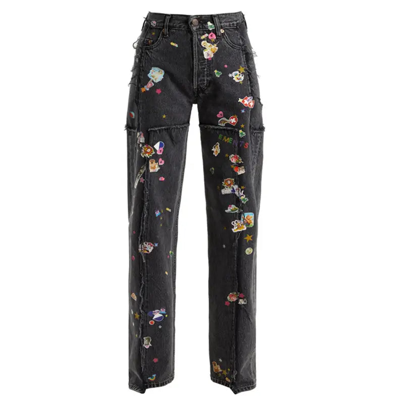 Youth With You 3 Lisa Same Black Heavy Industry Small Graffiti Hot Stamping Straight Jeans Pants