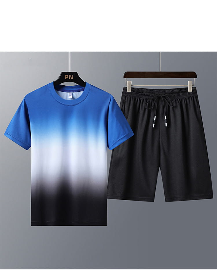 Sports Suit Men’S Round Neck Gradient Short-Sleeved Shorts Quick-Drying Running Casual Two-Piece Suit