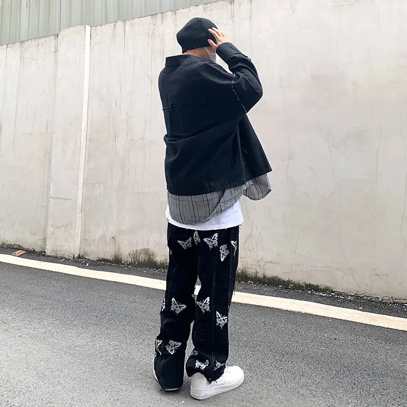 Niche Personality Butterfly Reflective Printing Stitching Tassel Harajuku Hip-Hop Street Straight Jeans Dark Ins Tide