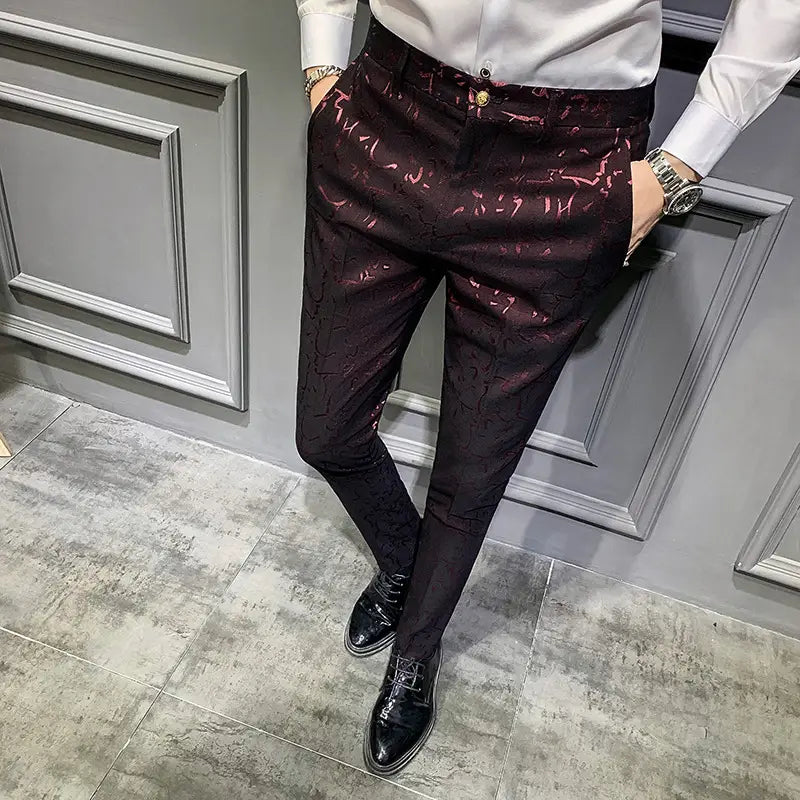 Men’s Trousers Korean Style Slim Fashion Jacquard Thinning Hair Stylist Feet Pants