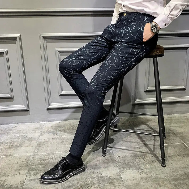 Men’s Trousers Korean Style Slim Fashion Jacquard Thinning Hair Stylist Feet Pants