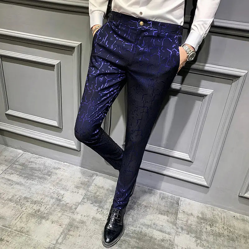 Men’s Trousers Korean Style Slim Fashion Jacquard Thinning Hair Stylist Feet Pants