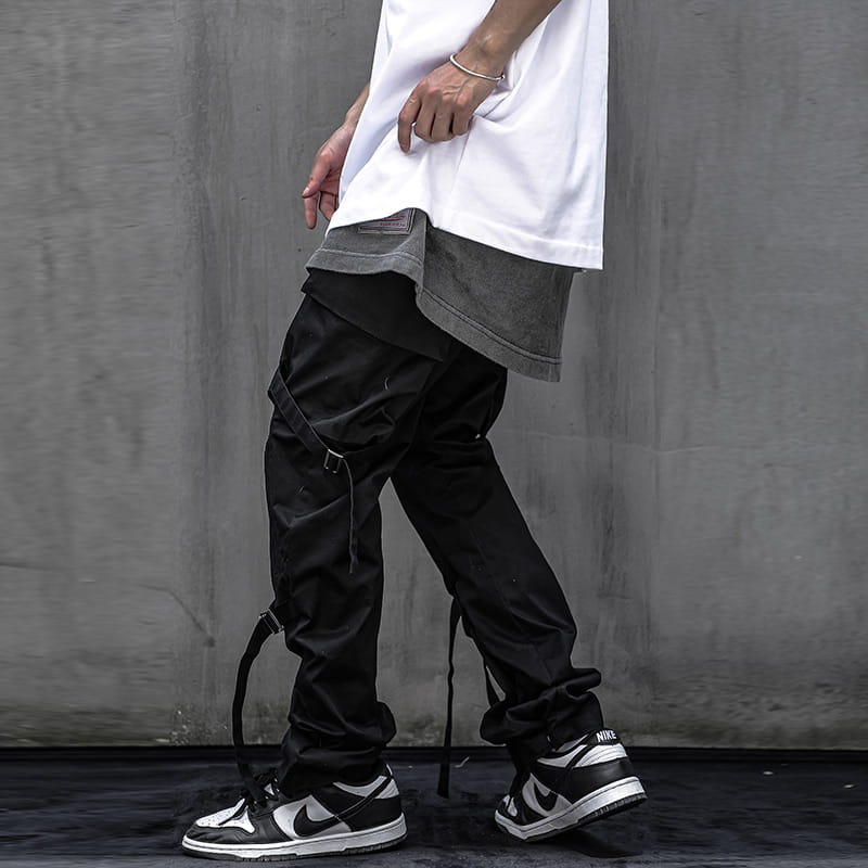 Double Webbing Pants Men’s Casual Black All-Match Overalls Personality Streamer Trousers