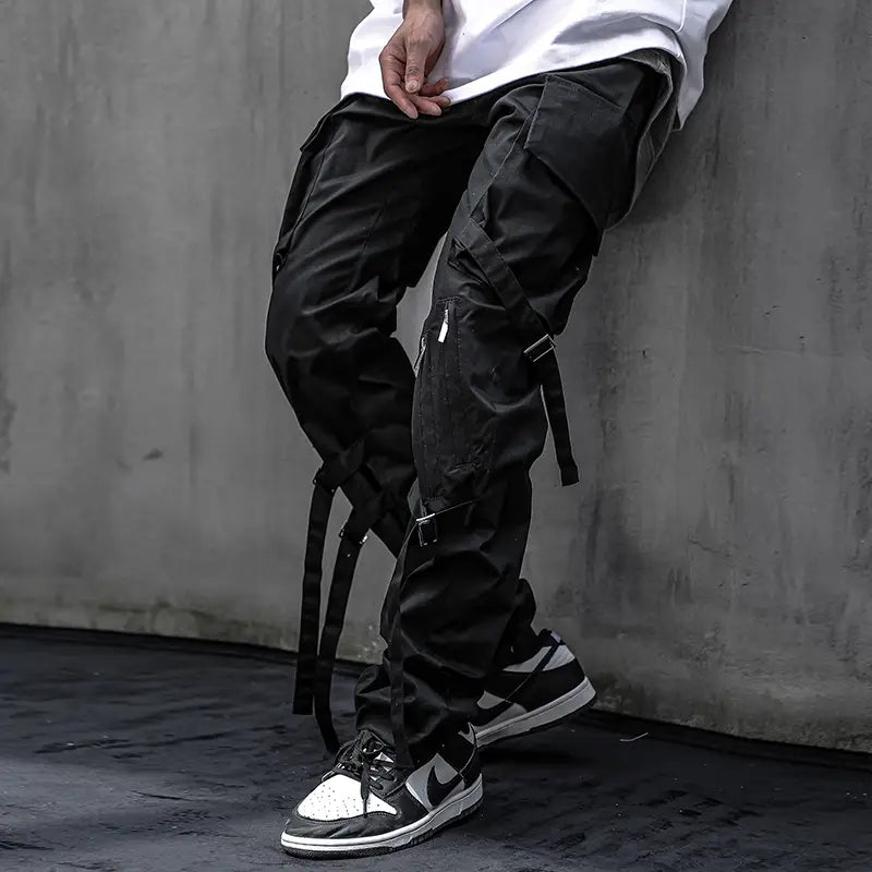 Double Webbing Pants Men’s Casual Black All-Match Overalls Personality Streamer Trousers