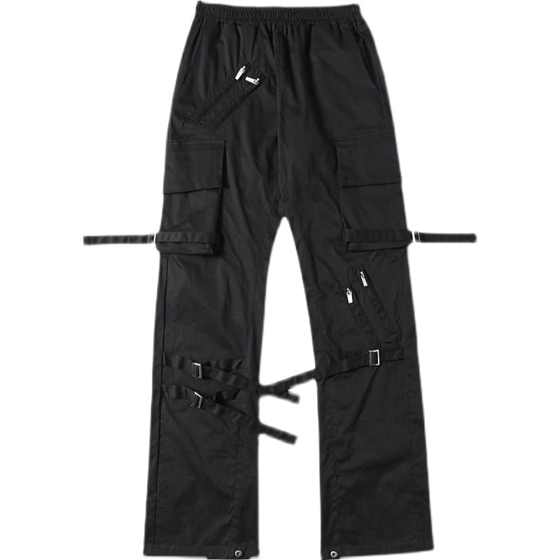Double Webbing Pants Men’s Casual Black All-Match Overalls Personality Streamer Trousers