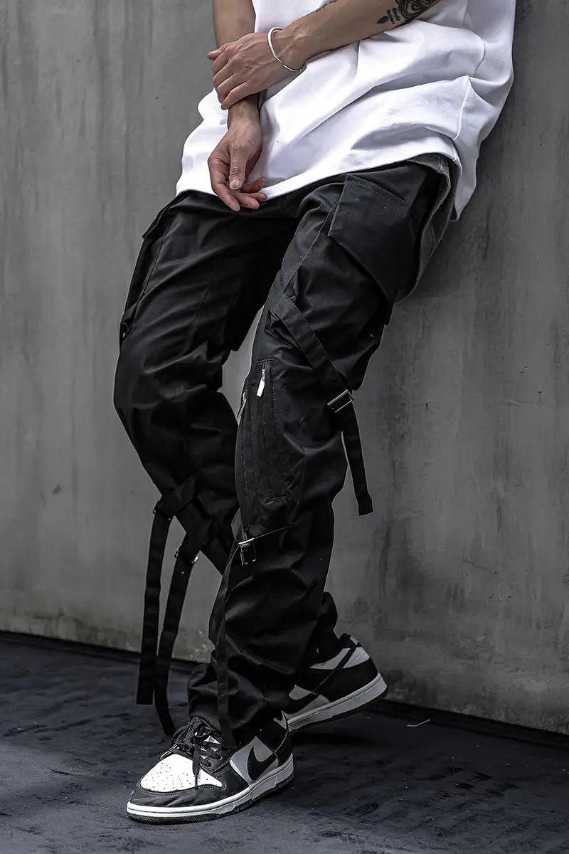 Double Webbing Pants Men’s Casual Black All-Match Overalls Personality Streamer Trousers