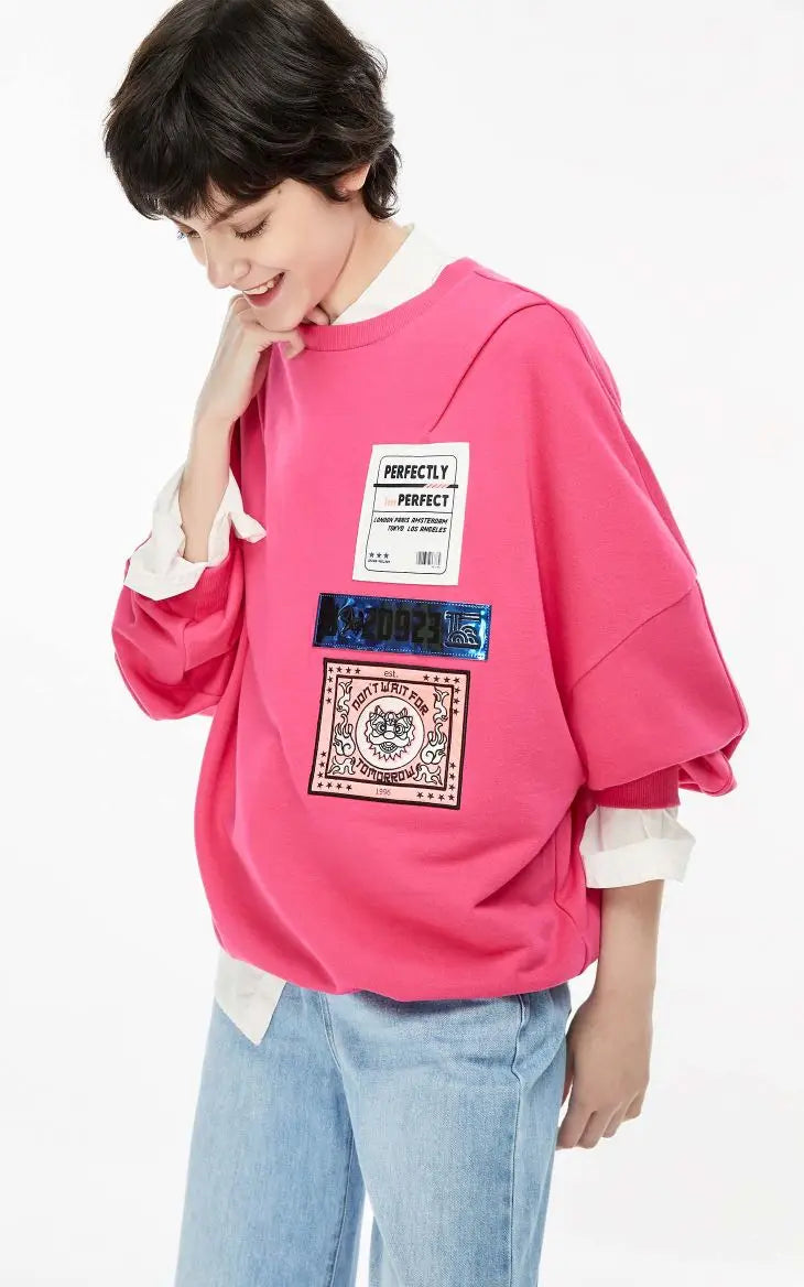 New Round Collar Patch Print Loose Hoodie Lady