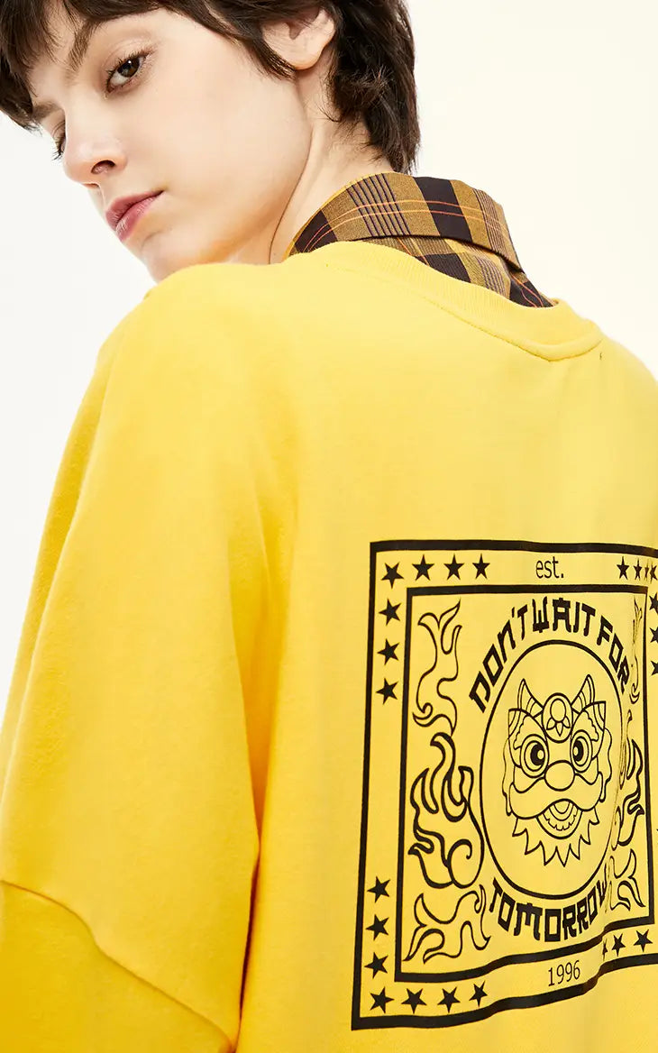 New Round Collar Patch Print Loose Hoodie Lady