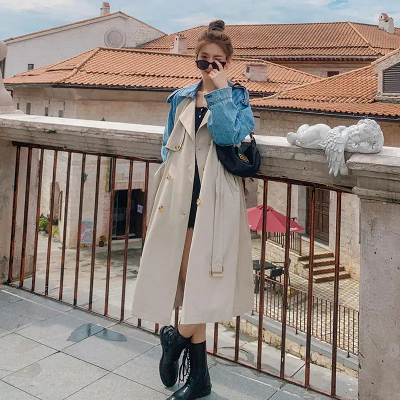 Over-The-Knee Windbreaker Women’S Mid-Length Loose Waist Casual Coat Jacket Trend