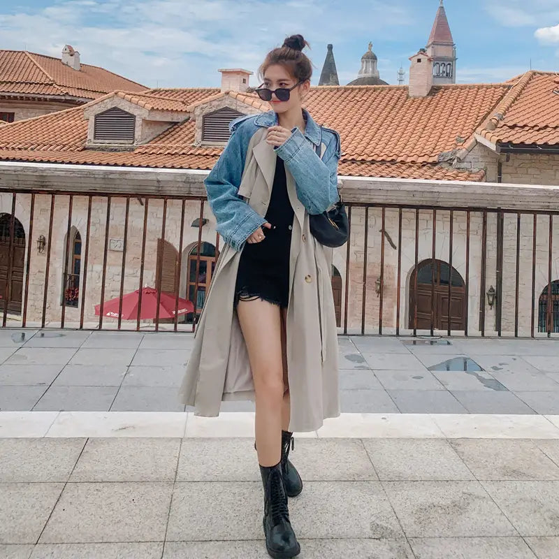 Over-The-Knee Windbreaker Women’S Mid-Length Loose Waist Casual Coat Jacket Trend
