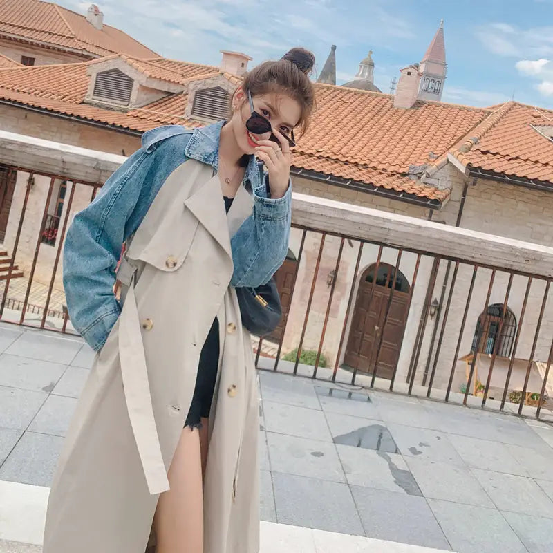Over-The-Knee Windbreaker Women’S Mid-Length Loose Waist Casual Coat Jacket Trend