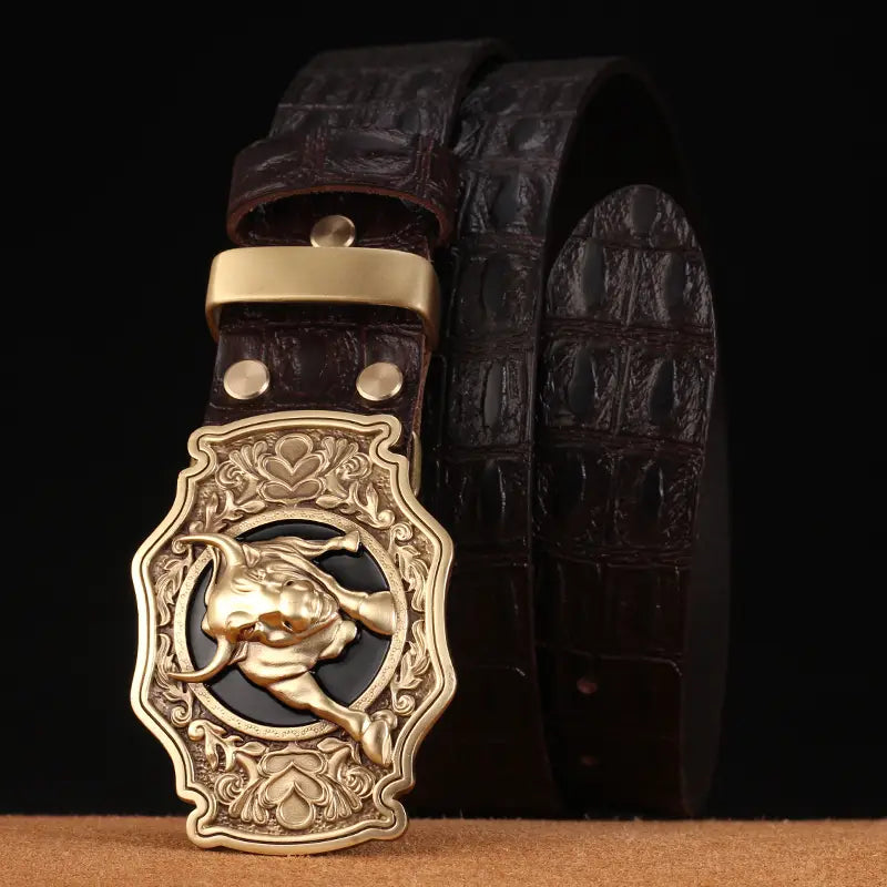 Leather Pattern Head Layer Pure Cowhide Copper Buckle Youth Belt