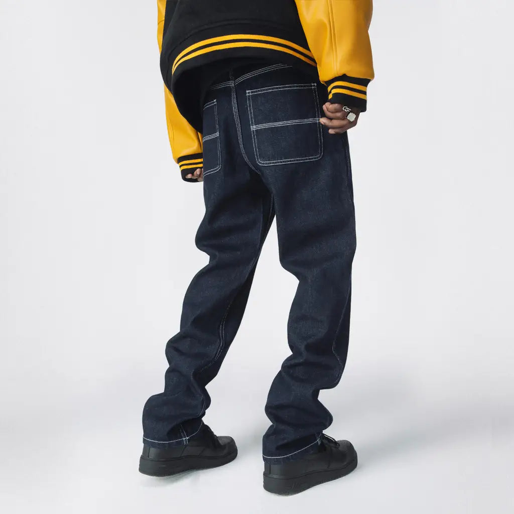 Street Loose Contrast Color Outside Seams Blue Wash Jeans Raw Cattle Casual Pants