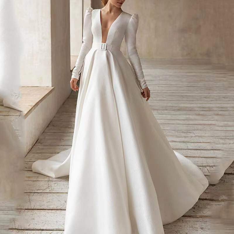 Ladies Style White Dress Satin Surface Was Thin And High French Temperament Dress Long Skirt